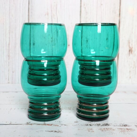 Vintage Art Deco Green Glasses Set Platinum Silver Tumblers Stemless